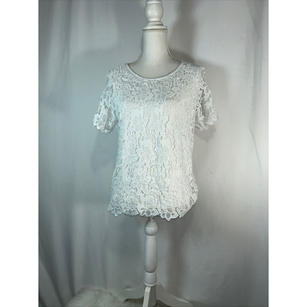 Philosophy Republic Clothing White Floral Lace Short Sleeve Blouse Top